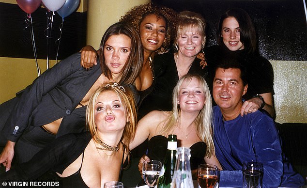 Simon is pictured in 1997 with the Spice Girls Victoria Adams, Melanie Brown, Melanie Chisholm, Geri Halliwell and Emma Bunton as well as Emma's mother Pauline