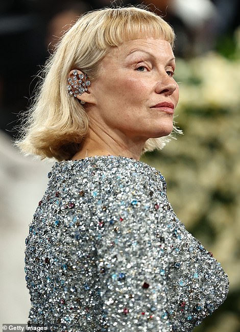 The pictures showed stars rocking their natural skin texture, which often featured 'bumps, blemishes, and wrinkles', just like the everyday person. Pictured: Pamela Anderson at Met Gala