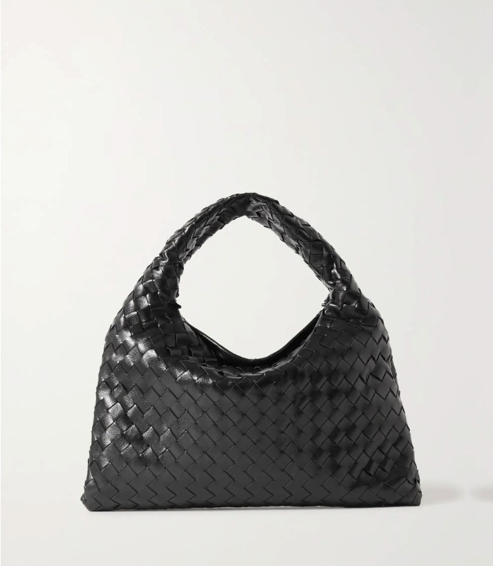 Black woven leather tote bag.