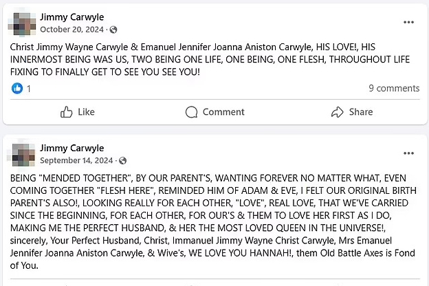 Screenshots of Facebook posts expressing love and devotion.