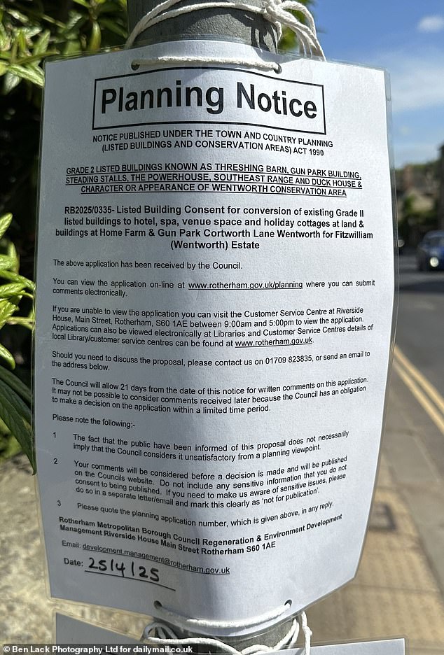 A planning notice for the conversion of the farm in Wentworth, which is set to be transformed into a hip hotel and spa