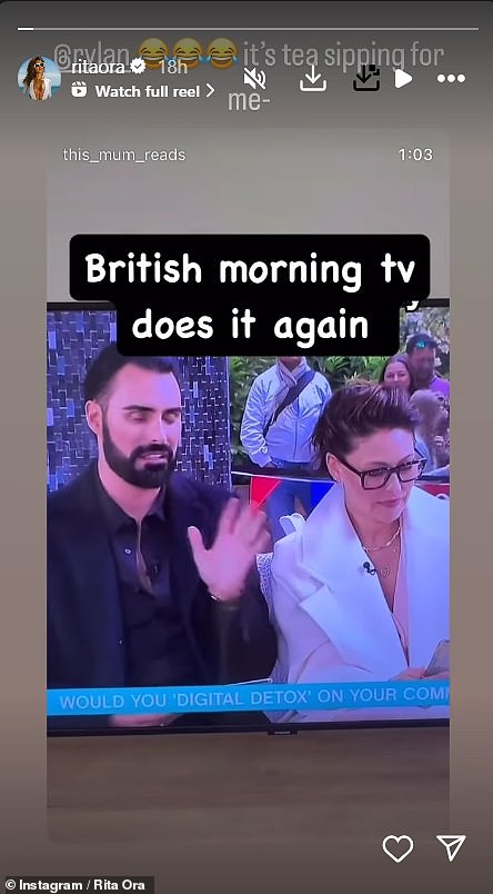 The viral clip has also done the rounds on Instagram and even Rita Ora posted it to her Instagram story, writing: '@rylan it's tea sipping for me,' alongside a slew of laughing emojis