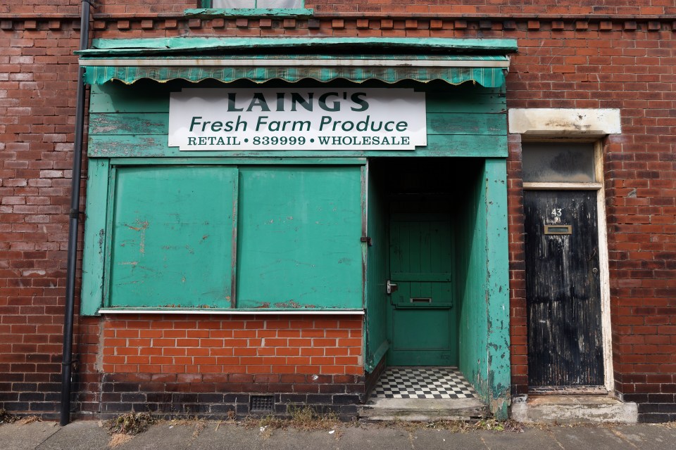 Run-down shop front with peeling paint and a sign for Laing's Fresh Farm Produce.