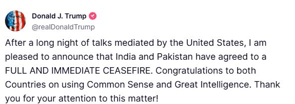 Screenshot of a tweet by Donald J. Trump announcing a ceasefire between India and Pakistan.