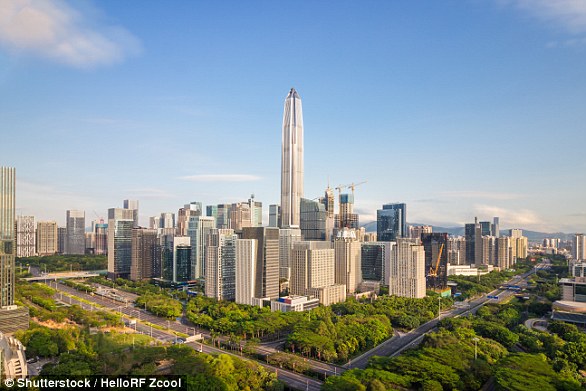 Ping An International Finance Center (centre) looms on the horizon of Shenzhen, one of China's largest cities bordering Hong Kong. The tower is 599 metres tall (1,965 feet)