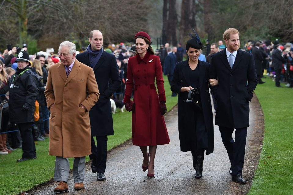 Prince Charles, Prince William, Kate Middleton, Meghan Markle, and Prince Harry arriving at a Christmas Day service.