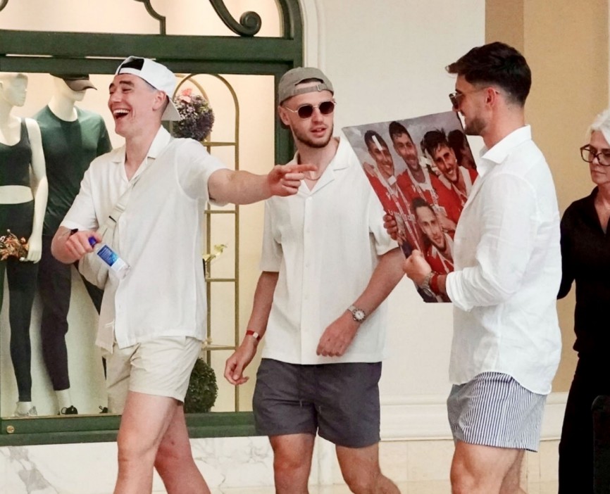 BGUK_3234018 - Las Vegas, NV - *PREMIUM-EXCLUSIVE* - MUST CALL FOR PRICING BEFORE USAGE - The Wrexham Football Club players enter the Las Vegas spirit as they celebrate their latest league triumph. ....The players were at the Bellagio hotel enjoying downtime, and some had taken photos throughout the hotel and casino.....At one point, footballer Dan Scarr was seen hijacking a joyriding maintenance cart through the Bellagio casino as stunned guests looked on!....Pictured: Max Cleworth, Luke McNicholas, Ryan Longman, ....BACKGRID UK 9 MAY 2025 ....UK: +44 208 344 2007 / uksales@backgrid.com....USA: +1 310 798 9111 / usasales@backgrid.com....*Pictures Containing Children Please Pixelate Face Prior To Publication*