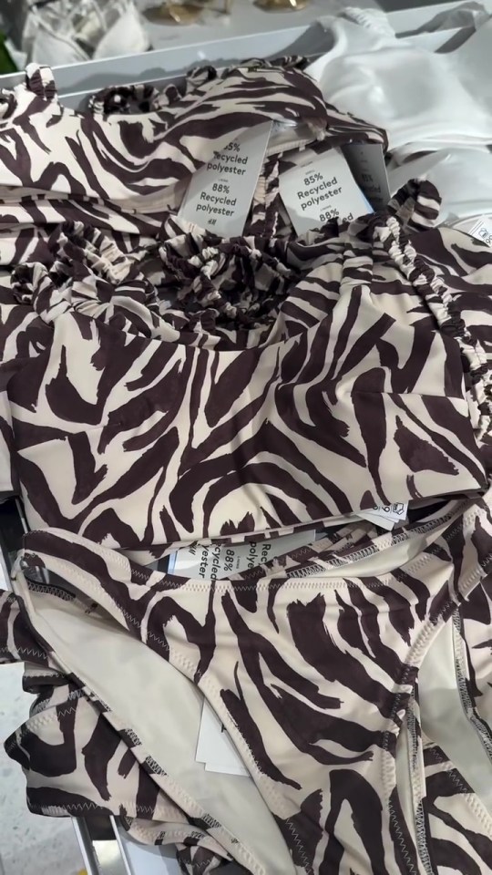 Zebra-print bikini top and bottom made from recycled polyester.