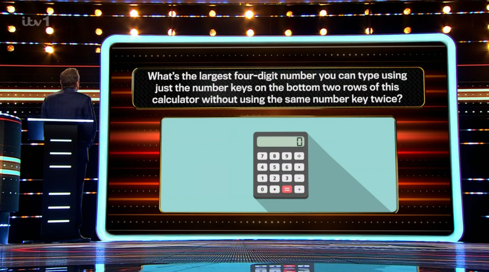 Game show question: What's the largest four-digit number you can type using only the bottom two rows of a calculator without repeating a number?  Illustration of calculator included.