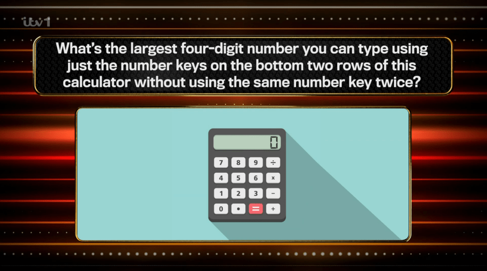 Illustration of a quiz question showing a calculator and asking what the largest four-digit number is that can be typed using only the bottom two rows of keys without repeating a number.