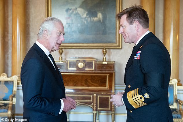 Admiral Sir Ben was told to 'step back from all duties' over claims the married father of three had an affair with a female officer. He is pictured with King Charles III during a meeting with military chiefs of staff at Buckingham Palace on September 17, 2022