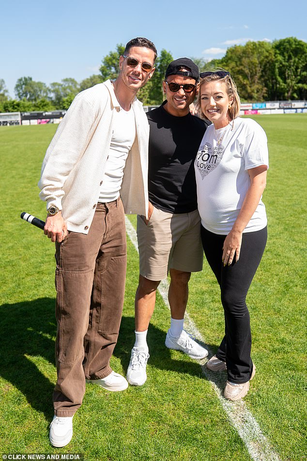 She was supported by other famous faces for the event at Bromley FC including brothers Ryan (centre) and Scott Thomas (left)
