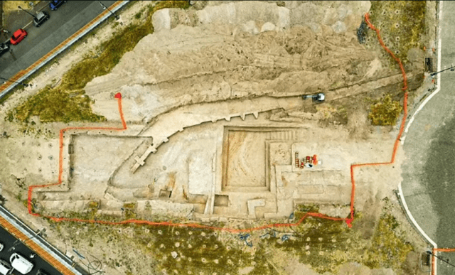 Aerial view of an excavated ancient papal palace in Rome.