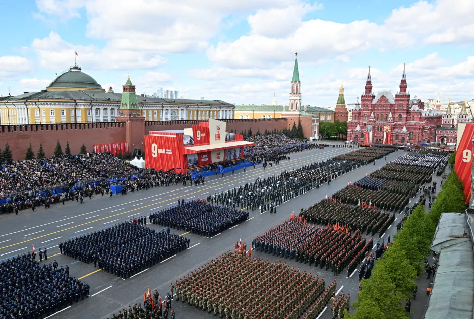 Aerial view of a military parade in Red Square, Moscow.