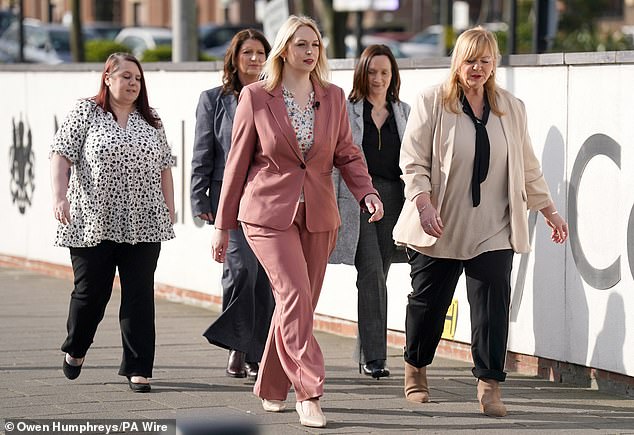 The Darlington nurses arrive at court to attend an employment tribunal hearing over a trans colleague's use of changing rooms at work in April 2025