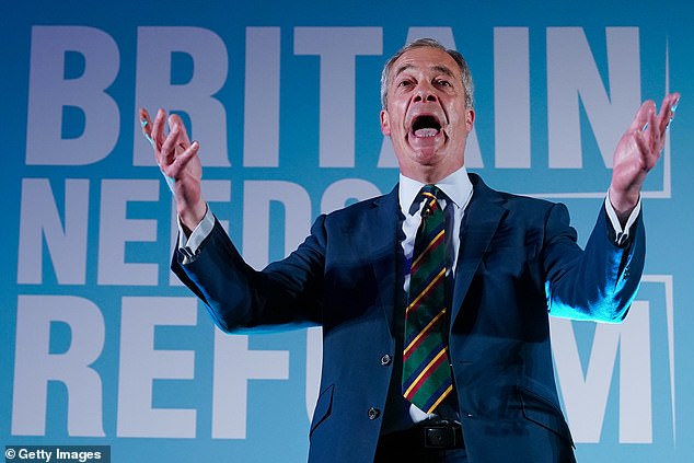 Nigel Farage, Reform UK leader, speaks on stage during a Reform UK Conference at Lincolnshire Showground on March 25, 2025
