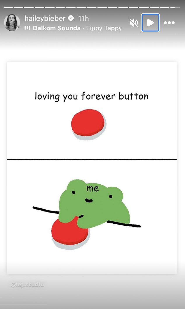 In response, the model, 28, shared a small cartoon drawing featuring a red 'loving you forever' button and a second frame with a cute green creature pressing it, with 'me' written on it