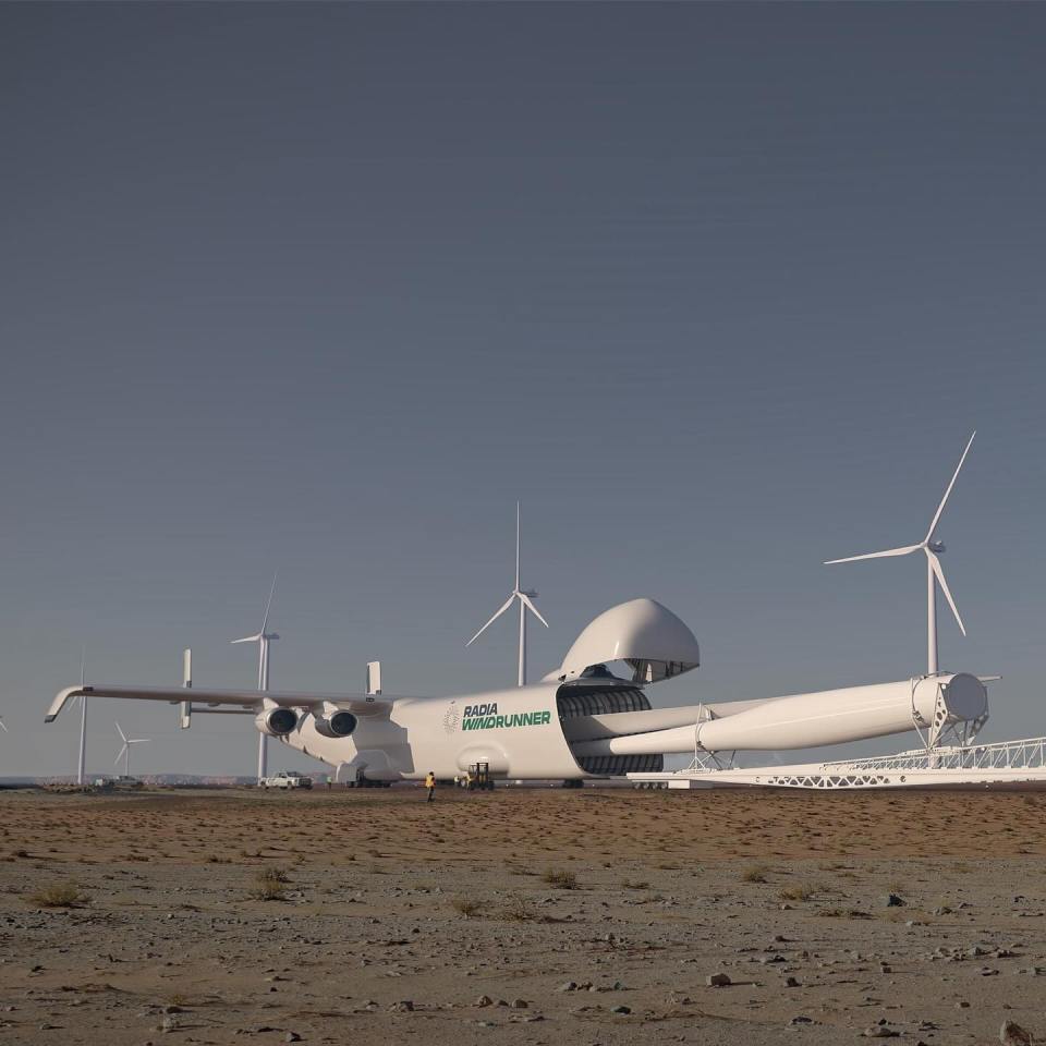 Illustration of the WindRunner, a large cargo plane designed to transport wind turbine blades.