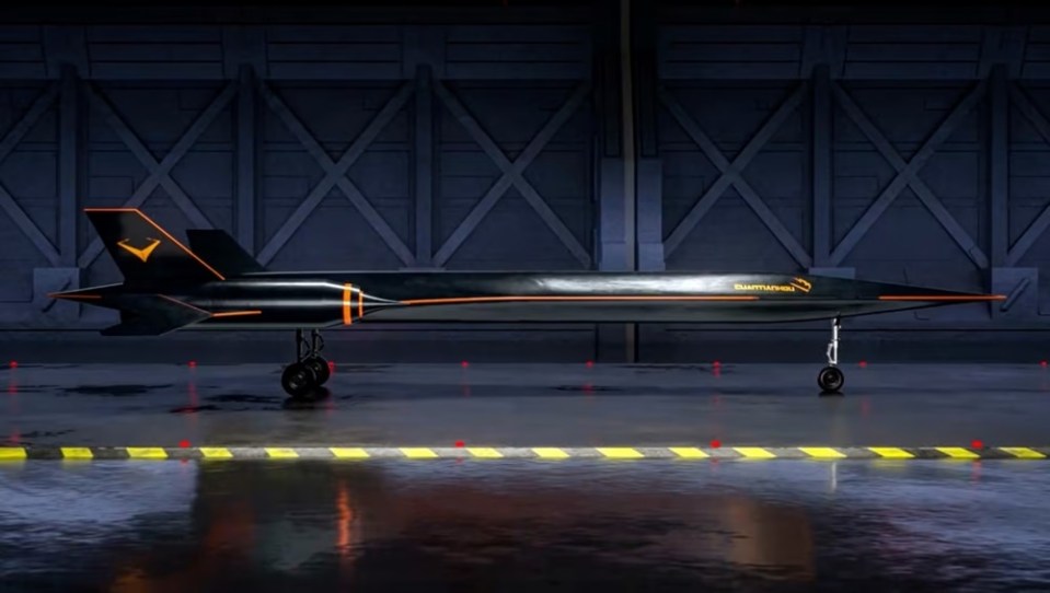 Illustration of a black hypersonic aircraft in a hangar.