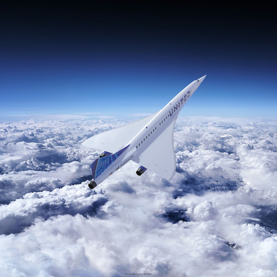 Conceptual rendering of a United Airlines Overture supersonic airliner flying above clouds.