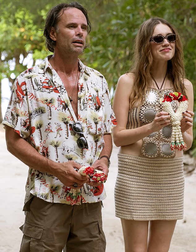 Walton and Aimee are pictured together on The White Lotus, as love interests