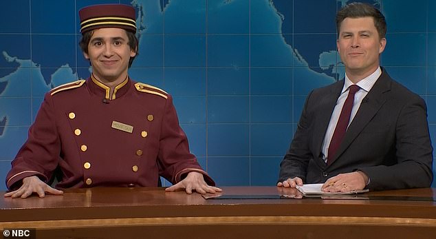 Marcello Hernandez reprised his role as the Movie Guy during Weekend Update, during which he is pictured with the segment's co-host Colin Jost