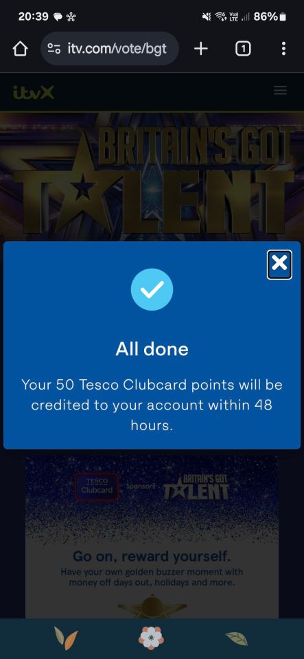 Confirmation message: 50 Tesco Clubcard points credited to account within 48 hours.  Britain's Got Talent promotion.