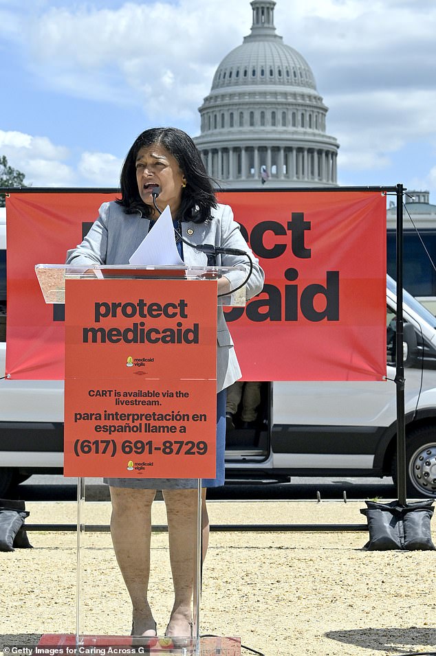 Rep. Pramila Jayapal, D-Wash., speaks at a Medicaid rally in front of the Capitol. Democrats have been fighting back against GOP reforms