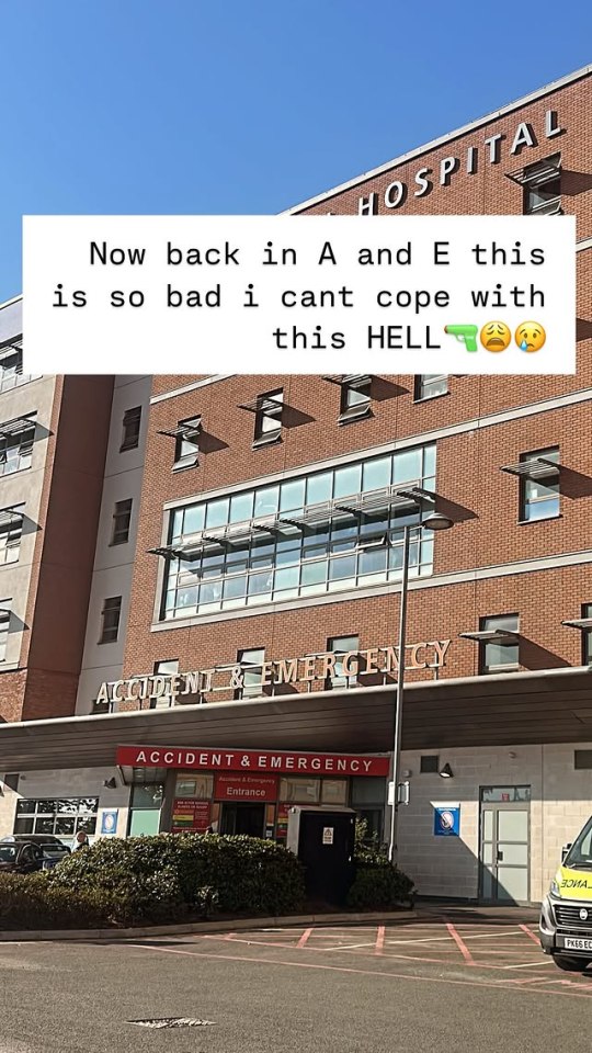 Photo of a hospital's Accident & Emergency entrance with text overlay stating "Now back in A and E this is so bad I can't cope with this HELL".