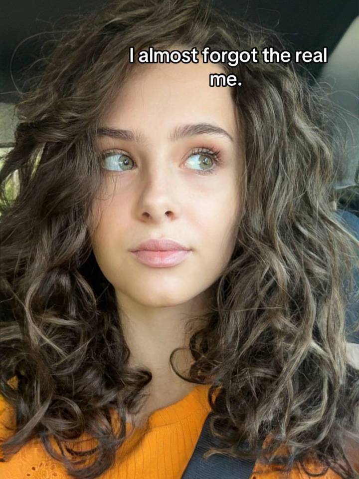 Woman with curly brown hair and orange shirt, text overlay: "I almost forgot the real me."