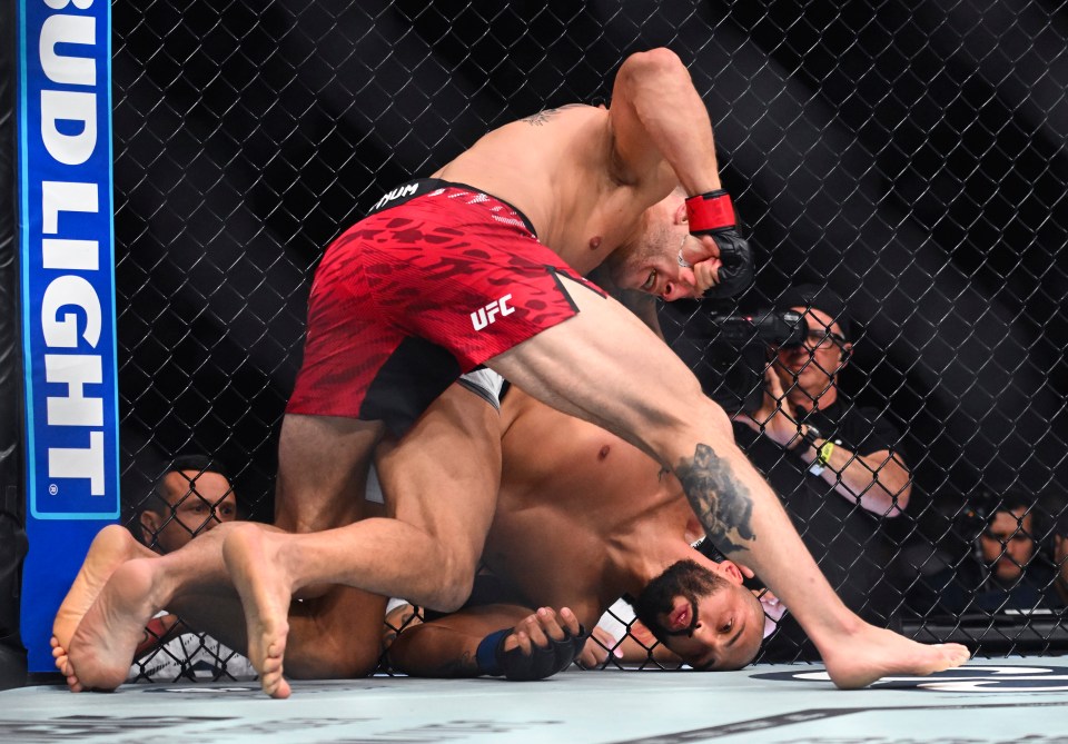 Marc-Andre Barriault landing a blow on Bruno Silva during a UFC match.