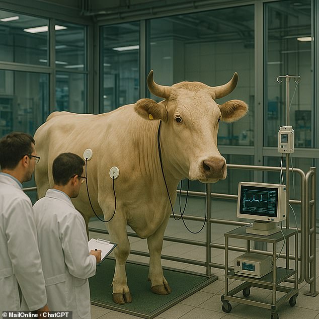 Experts say scientists will be able to use genetic engineering to produce 'uninhibited growth factors' leading to larger, faster-growing livestock. Pictured: AI-generated Impression