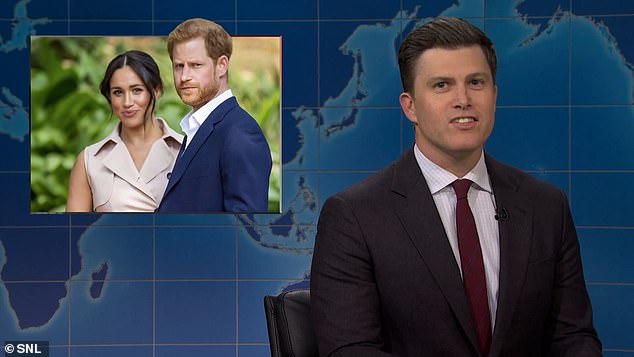 The presenter made the joke as a photo of Harry and Meghan appeared on the screen behind him