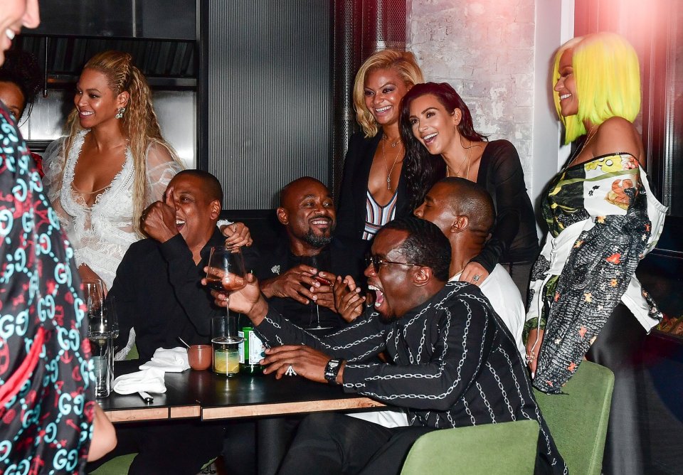 Beyoncé, Jay-Z, Kanye West, Kim Kardashian, Diddy, and Cassie at an MTV Video Music Awards after-party.