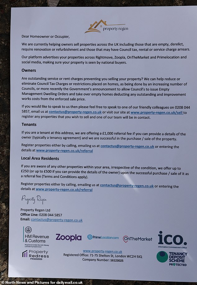 Those renting have been sent letters by the local authority offering them £1,000 to provide the name of their landlord so acquisition discussions can begin