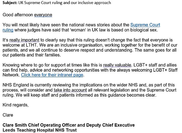 In a memo to staff, the Trust's deputy chief said any guidance would be considered in light of the Supreme Court ruling as well as 'all relevant legislation'