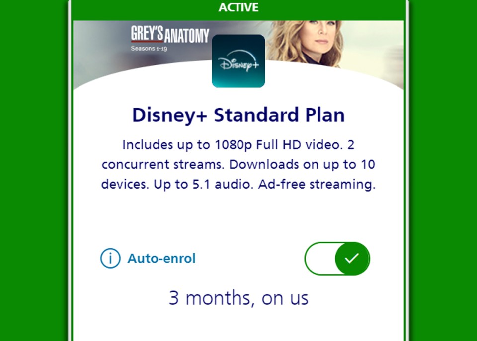 Disney+ Standard Plan details: 1080p HD video, 2 concurrent streams, downloads on up to 10 devices, 5.1 audio, ad-free.  3 months free.