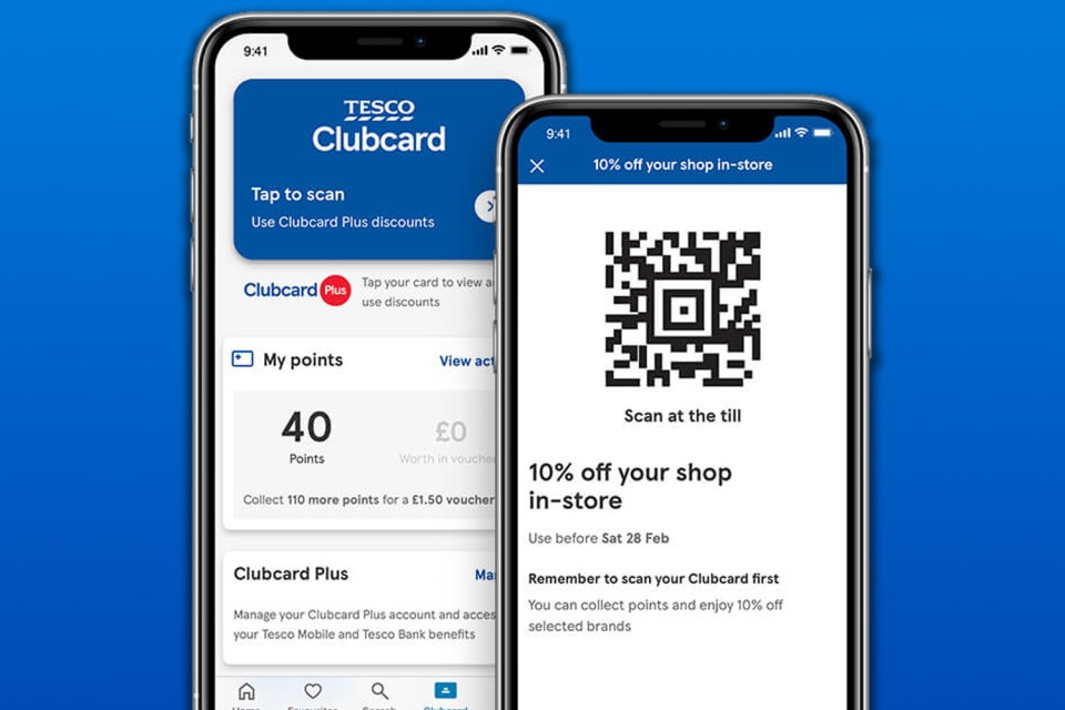 Tesco Clubcard app showing points balance and in-store discount QR code.