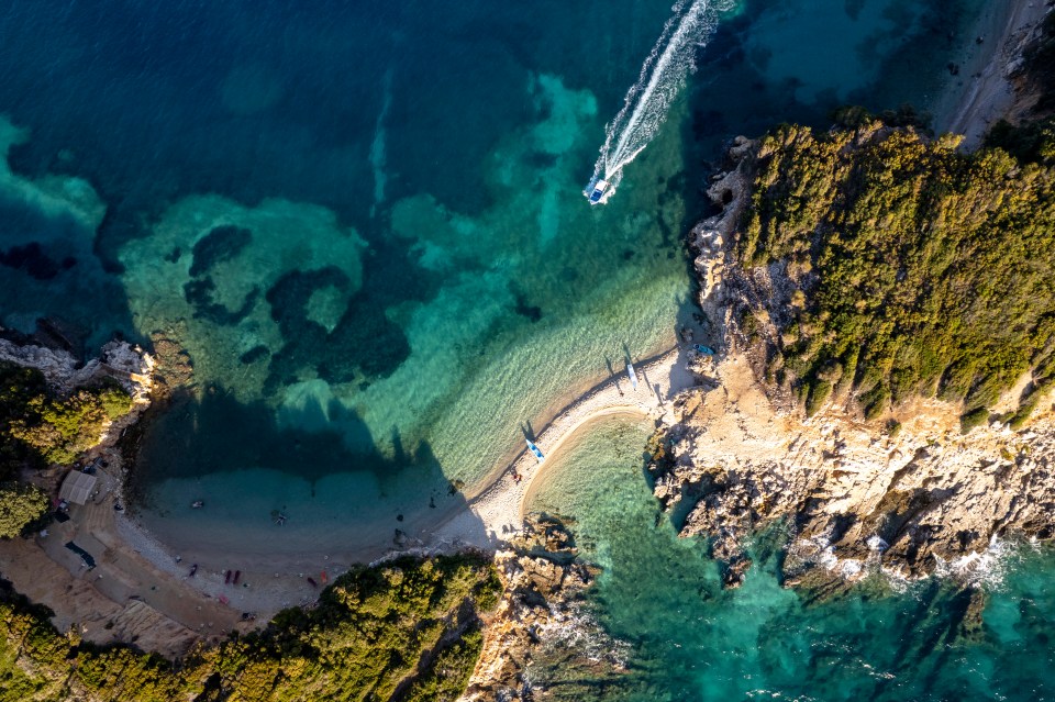 Aerial view of Ksamil Island beach in Albania.