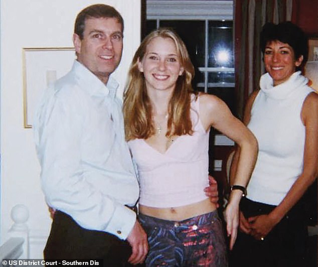 Virginia Giuffre (centre) alleged that Jeffrey Epstein and Ghislaine Maxwell (right) trafficked to the Duke of York (left) when she was 17 and was sexually assaulted by him - a claim Prince Andrew has always strenuously denied
