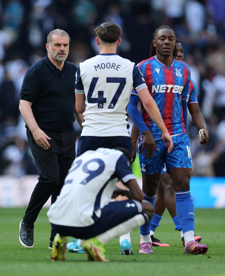 Ange Postecoglou, manager of Spurs, on the pitch.