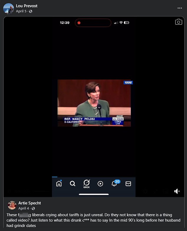 On April 5, he re-posted a video of Rep Nancy Pelosi speaking in 1996 which came with the caption: 'These f***ing liberals crying about tariffs is just unreal' while branding her a 'c***'