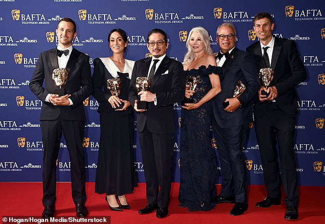 (L-R) Justin Marks, Rachel Kondo, Hiroyuki Sanada, Michaela Clavell, Edward L. McDonnell and Jonathan Van Tulleken with the International award for Shogun