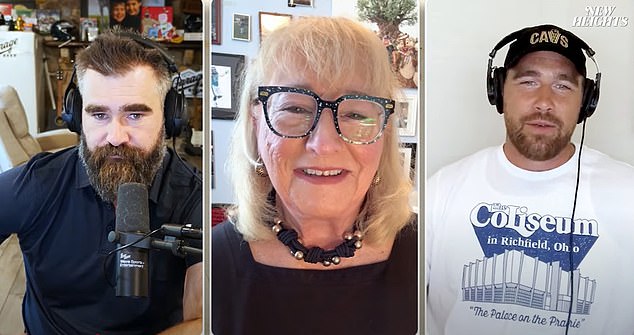 Donna Kelce recently said on New Heights that all she wanted for Mother's Day was to spend it with her two children - Jason (left) and Travis (right)