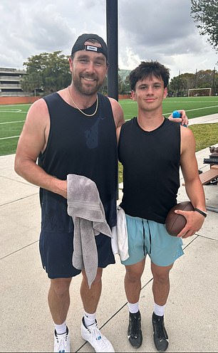Travis recently worked out with some high school footballers as he stays fit in the NFL offseason