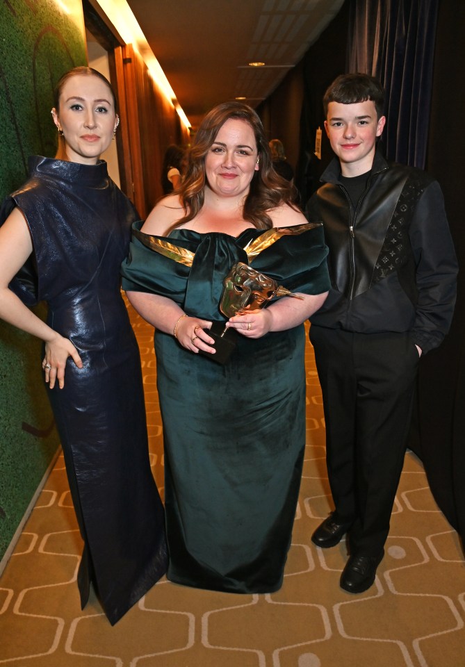 Erin Doherty, Jessica Gunning (BAFTA Supporting Actress Award winner for *Baby Reindeer*), and Owen Cooper backstage at the BAFTA Television Awards.