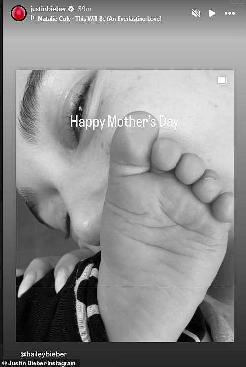 'Happy Mother's Day' he wrote on the sweet black and white photo with Natalie Cole's This Will Be (An Everlasting Love) playing beneath it