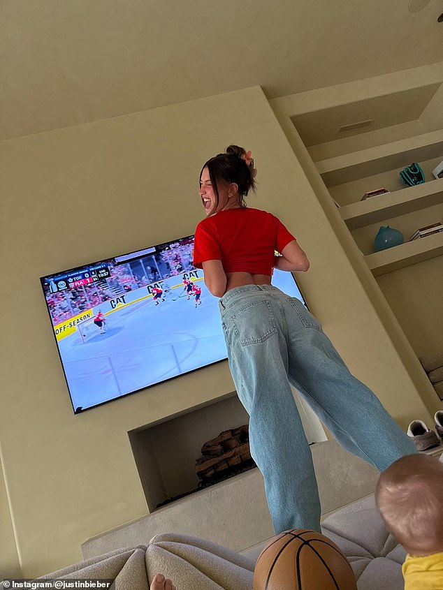 Later on Sunday, Justin shared more photos of his Mother's Day at home with Hailey and Jack. The singer paid tribute to his Canadian roots by watching a hockey game with the Toronto Maple Leafs taking on the Florida Panthers