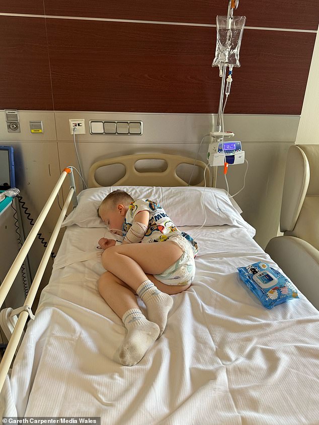 The infection, which can be life-threatening for those with vulnerable immune systems, can be caught via contact with infected faeces, either directly from an infected animal or person, or from contaminated surfaces like farm gates or the bottom of shoes (Pictured: Michael while in hospital in Spain)