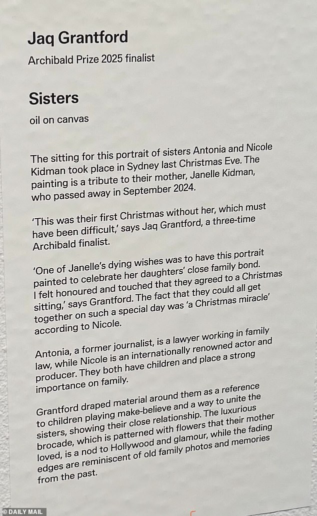 The painting was a tribute to Janelle, whose 'dying wish' was to have a portrait of her daughters, and became a finalist in the 2025 Archibald Prize
